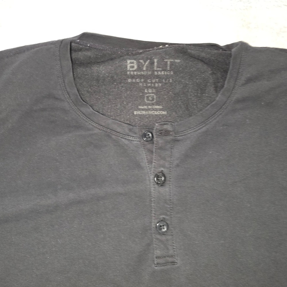 BYLT Premium Basics Drop Cut Henley Shirt Mens Large Black Long Sleeve Lux